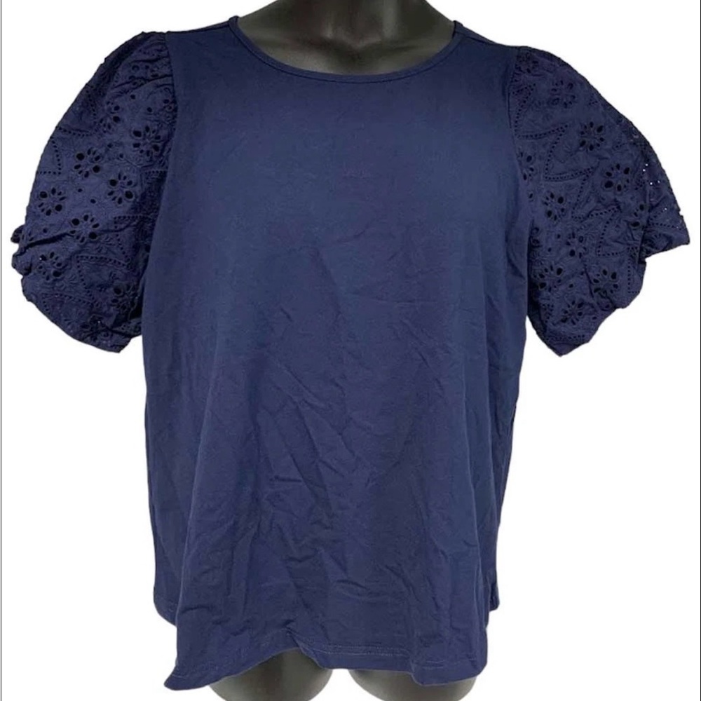 Beachlunchlounge Navy Blue Eyelet Puff Sleeve Cotton Top SST5097 XL